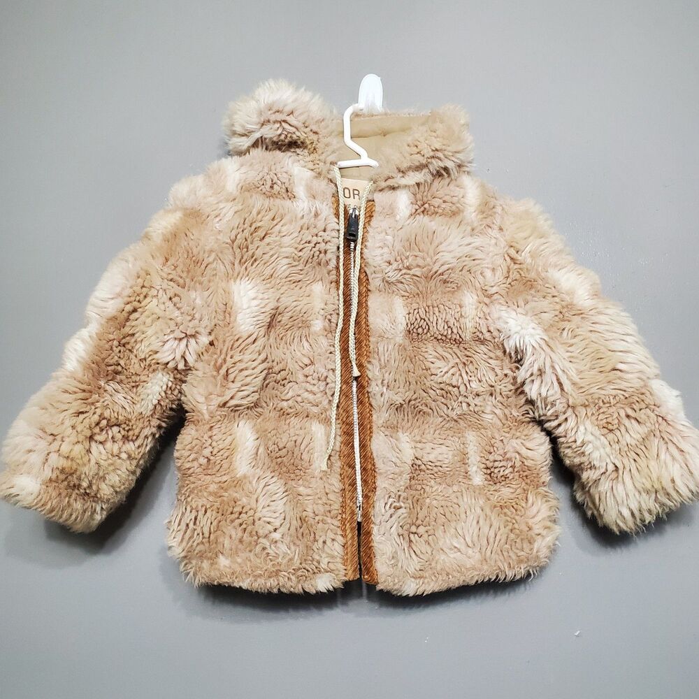 Vintage Lorjan Faux Fur Jacket Todder Kids 4T Brown Full Zip Hood Lined Cute